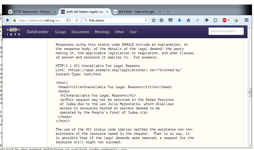 Witzig: Als Beispiel für einen erklärende Textergänzung zum HTTP-Status-Code 451 hat sich Initiator Tim Bray bei Monty Pythons Film 