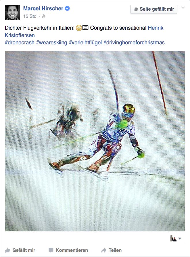 „Dichter Flugverkehr in Italien“ postete Skirennfahrer Marcel Hirscher nach dem Absturz einer Kameradrohne unmittelbar hinter ihm beim Rennen in Madonna di Campiglio.