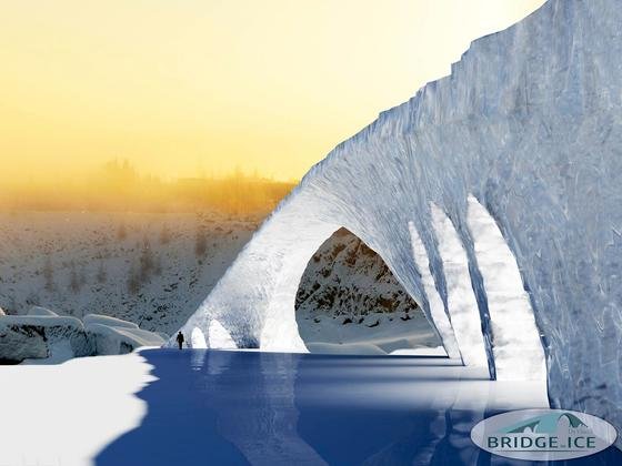 Eine Brücke, die Leonardo da Vinci vor über 500 Jahren gezeichnet hat, wollen junge Ingenieure der TU Eindhoven erstmals in Eis bauen. Der Bau – hier eine Computeranimation – beginnt jetzt in Finnland und wird etwa sechs Wochen dauern.