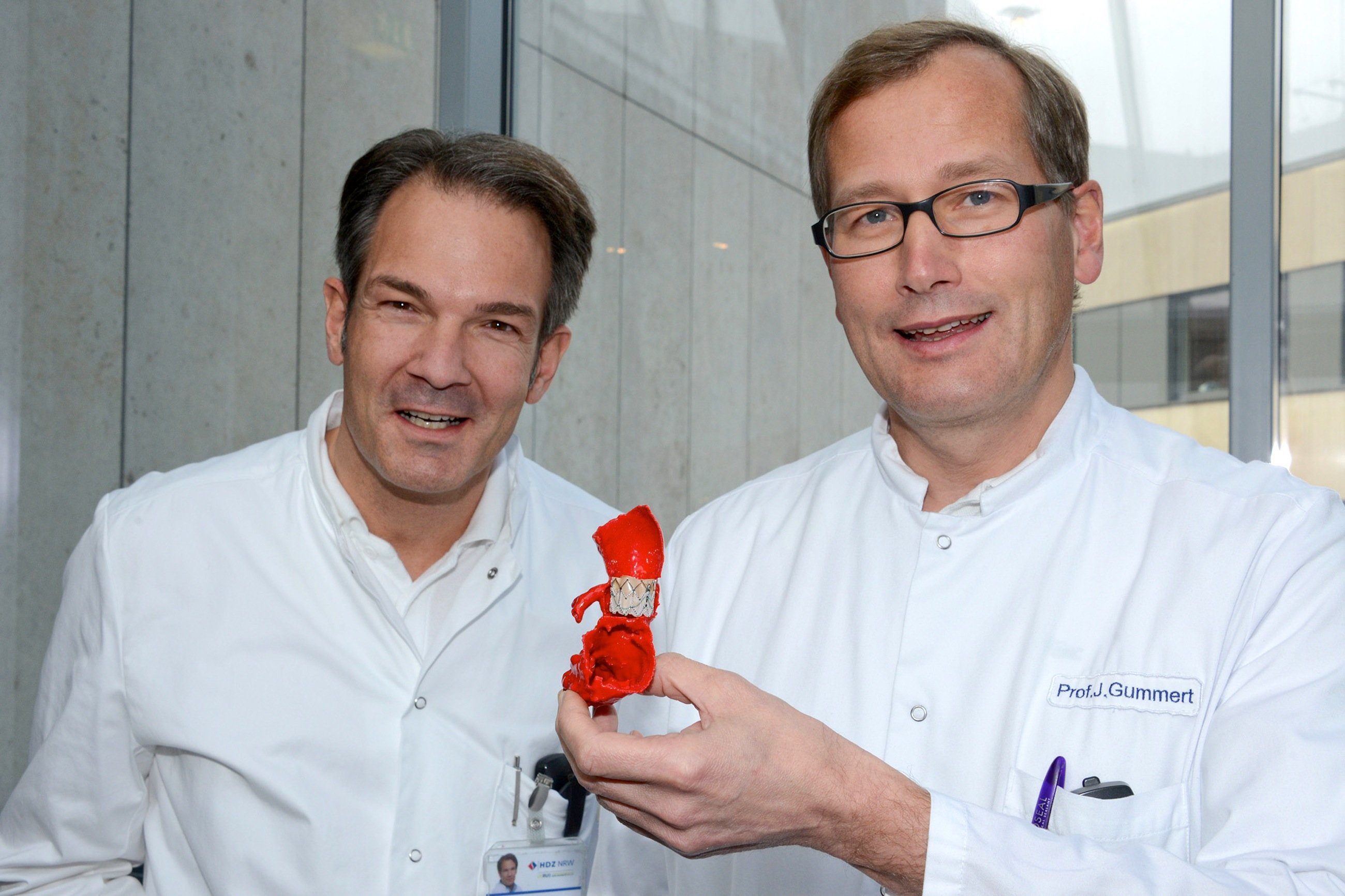 Prof. Jan Gummert (r.) und Prof. Stephan Ensminger von der Herzklinik in Bad Oeynhausen mit dem 3D-Modell des Patientenherzens. Dadurch konnten sie erproben, welche Herzklappe am besten passt und per Katheder am schlagenden Herzen eingesetzt werden kann.