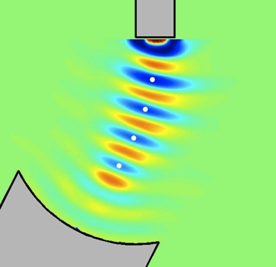 Ein Levitator benötigt eine Schallquelle (oben) und einen Resonator (unten), der, angeregt durch die Schallwellen, mit gleicher Frequenz schwingt. Dadurch entsteht eine stehende Welle, auf der kleine Styroporkügelchen schweben können.  