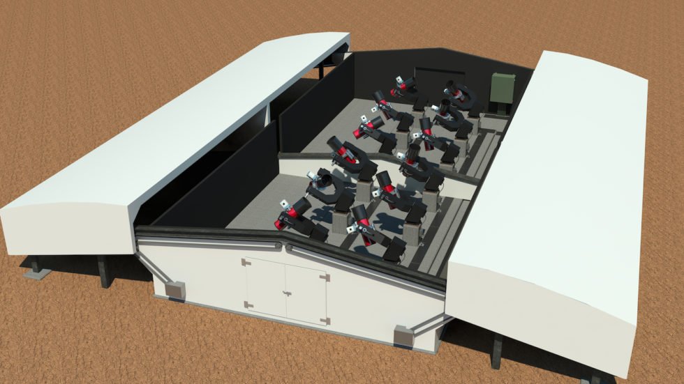 Darstellung der NGTS-Teleskopanlage: Der Next Generation Transit Survey ist ein auf großflächige Beobachtungen angelegtes System, dass aus zwölf Einzelteleskopen besteht, von denen jedes einen Durchmesser von 20 Zentimetern hat. Foto: R. West/ESO