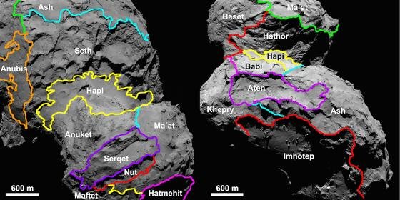 Eine Karte der verschiedenen Regionen auf Tschuri haben die Wissenschaftler jetzt erstellt. Benannt sind die 19 Regionen nach ägyptischen Gottheiten. 70 Prozent der Oberfläche Tschuris hat Rosetta bereits mit einer Auflösung kartiert, bei der mindestens 80 Zentimeter große Details zu erkennen sind.