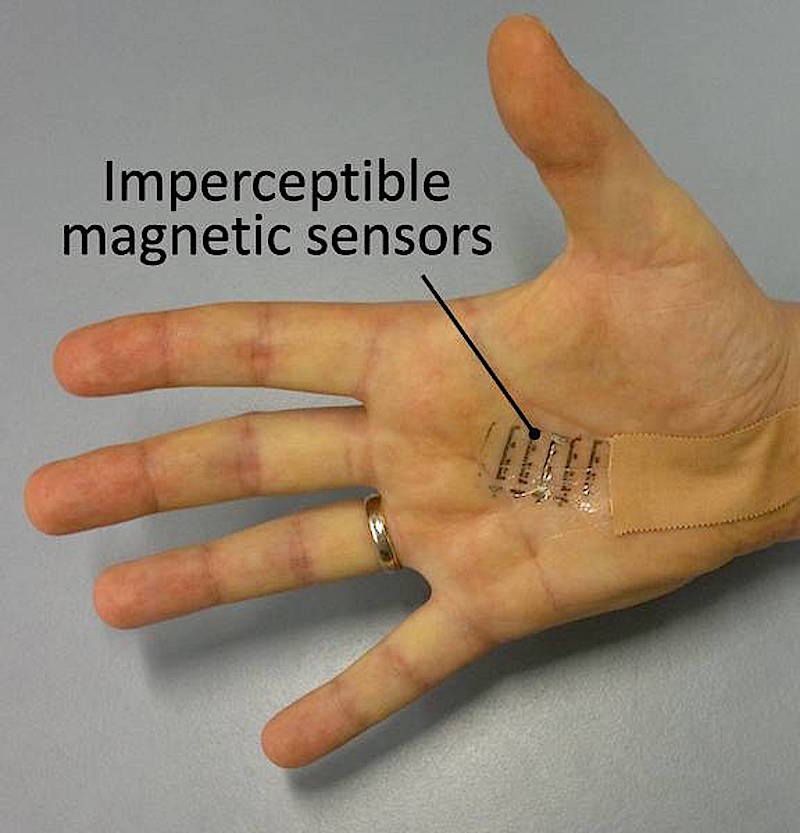 Magnetsensor auf einer Handfläche: Der künstliche Magnetsinn könnte auch in elektronischen Wearables zum Einsatz kommen. 