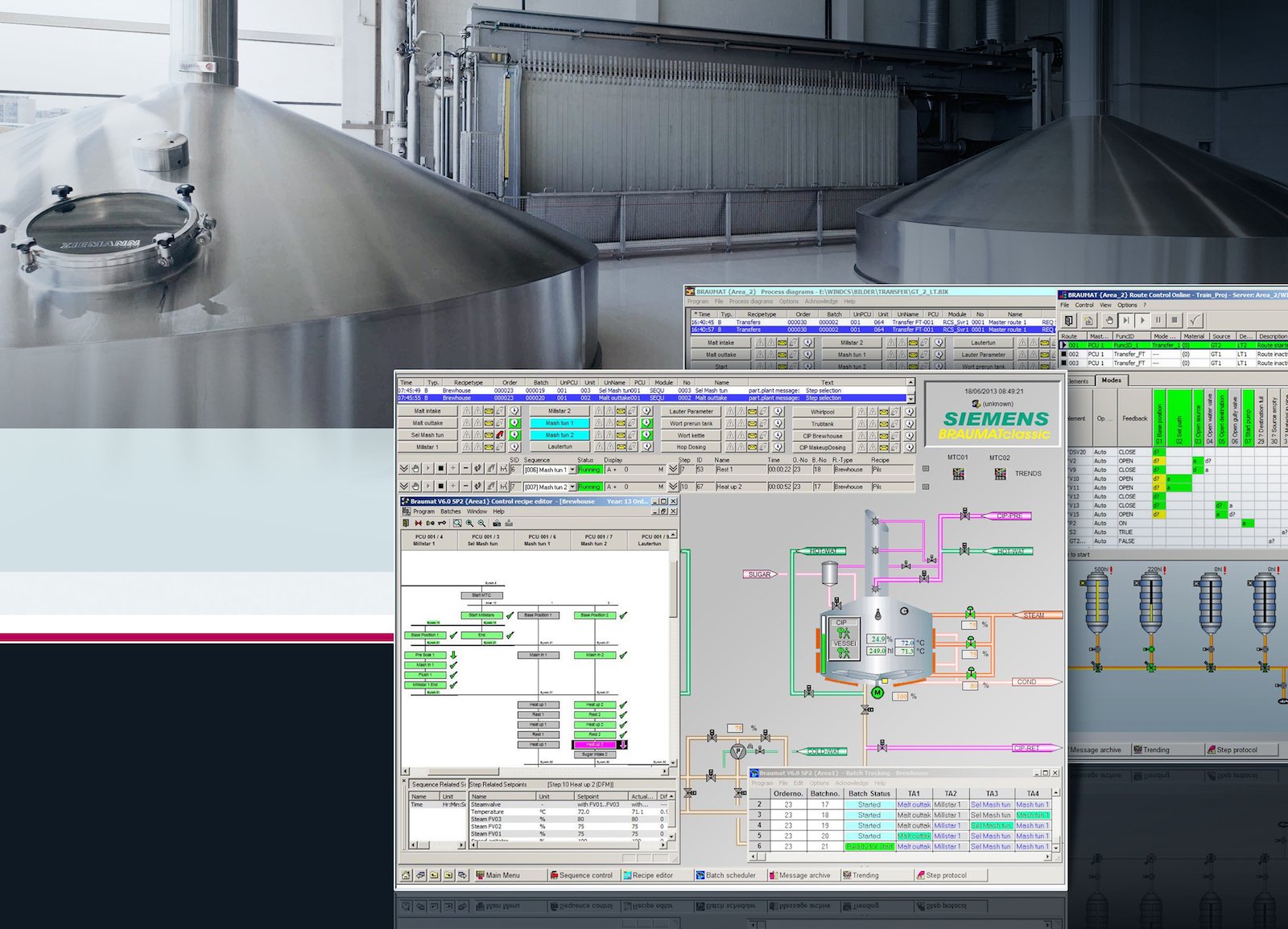 Braumat hat alles beim Bierbrauen im Blick: Die Siemens-Technologie vereint Technik für Energieversorgung, Automatisierung und Prozesssteuerung des gesamten Bierherstellungsprozesses. Das umfasst auch die Abfüllung, Lagerung, Reinigung und die Kühlung. Als Vorteile werden von Siemens Energieeffizienz, Flexibilität in der Produktion und eine konstant hohe Produktqualität genannt.