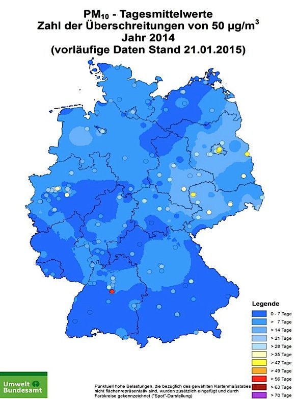 Feinstaubbelastung: Die Karte wurde vom Umweltbundesamt mit Daten der Messnetze der Länder und des Bundes erstellt. Die Auswertung basiert auf vorläufigen, noch nicht abschließend geprüften Daten und wurde zuletzt am 21. Januar 2015 aktualisiert.