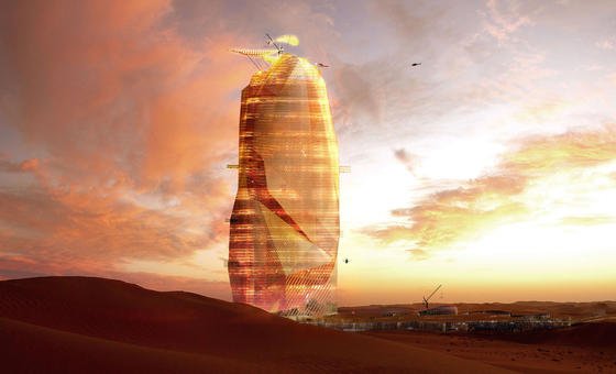 Illustration des City Sand Towers: Das futuristische Hochhaus könnte mit verdampfendem Regenwasser Generatoren antreiben und sich selbst mit Strom versorgen. 