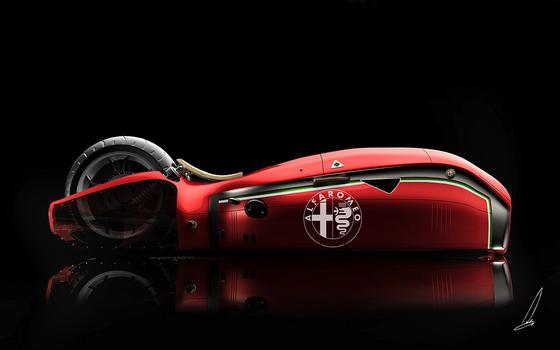 Entwurf der Alfa Romeo Spirito: Vorderrad und Lenkerstange stecken im riesigen abgerundeten Vorbau. 