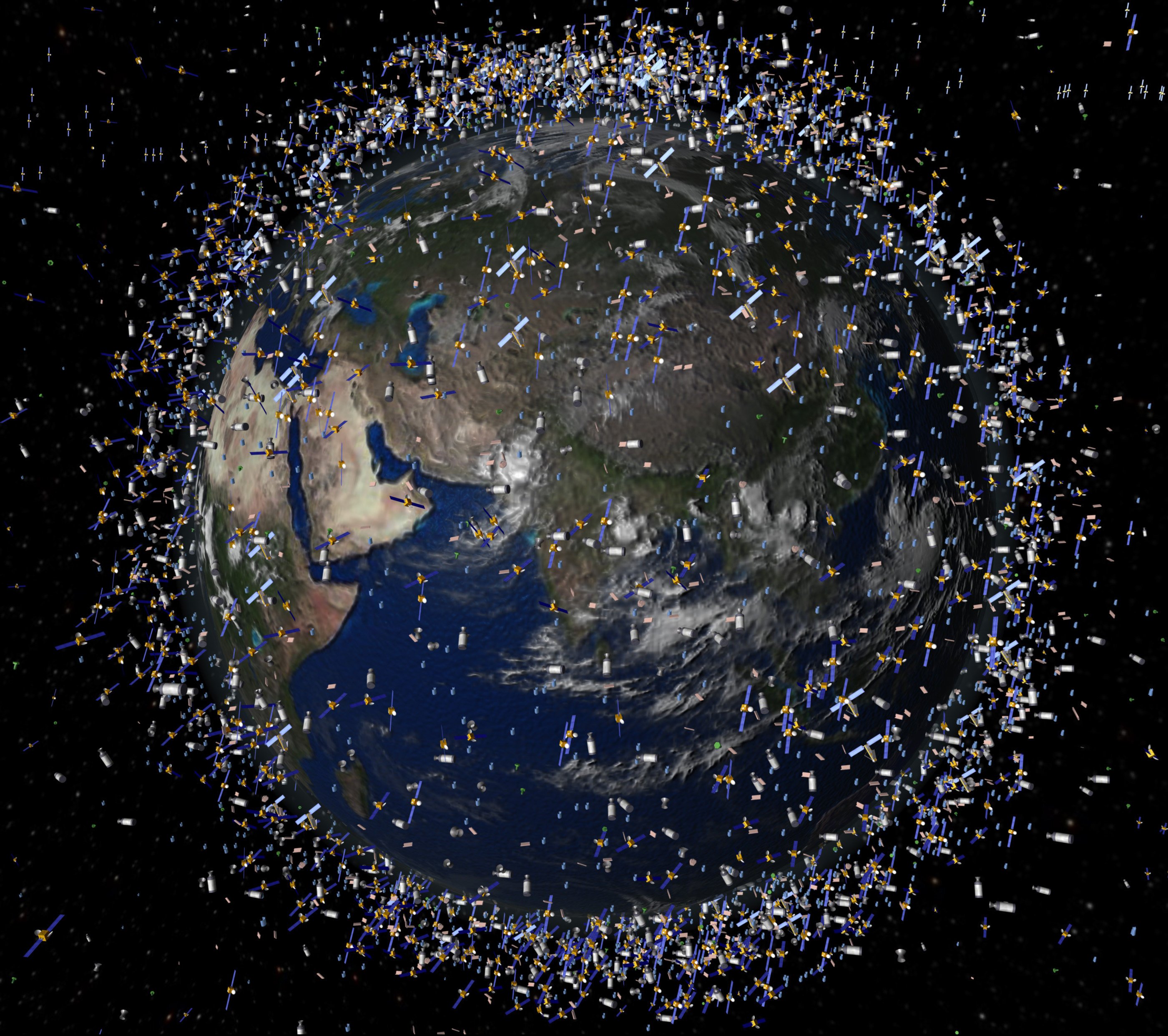 Das computergenerierte Bild der European Space Agency (ESA) zeigt Weltraummüll früherer Weltraummissionen, der neben intakten Satelliten um die Erde kreist. 