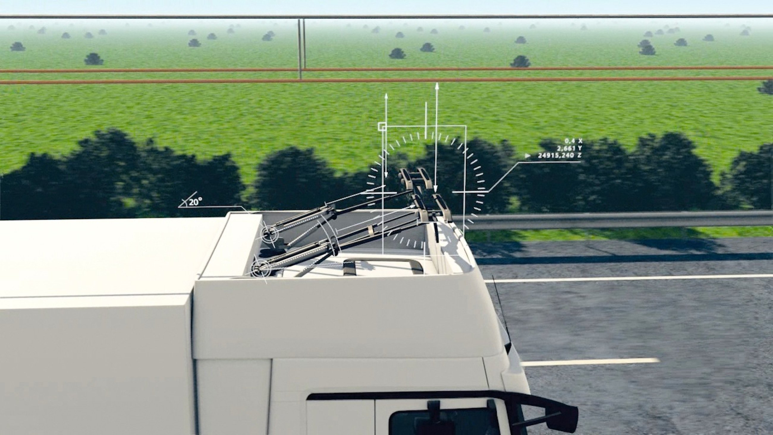 Die Stromabnehmer können bis zu einer Geschwindigkeit von 90 km/h automatisch an das Oberleitungssystem an-und abbügeln. Die Bügel gleichen zudem alle Bewegungen des Fahrzeuges aus. Ist die Oberleitungsstrecke zu Ende, werden die Stromabnehmer eingeklappt, der Lkw schaltet auf Batteriebetrieb oder Gasantrieb um.