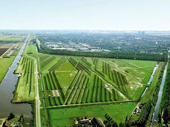 Der Landschaftspark Buitenschot am Flughafen Schiphol aus der Luft: Die Wälle, die den Fluglärm bremsen und umleiten, bedecken bereits eine Parkfläche von 33 Hektar. Der Park mit seinen Lärmwellen soll auf 60 Hektar erweitert werden.