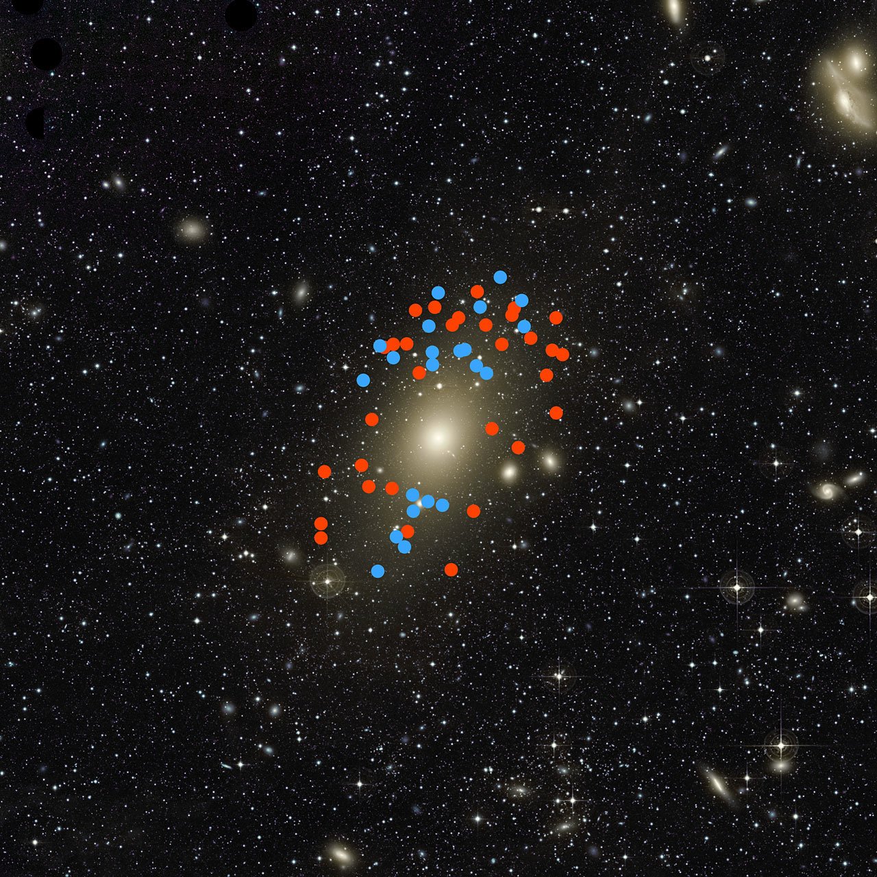 Farbig markiert sind hier die Planetarischen Nebel, deren Bewegung die Forscher beobachteten. 