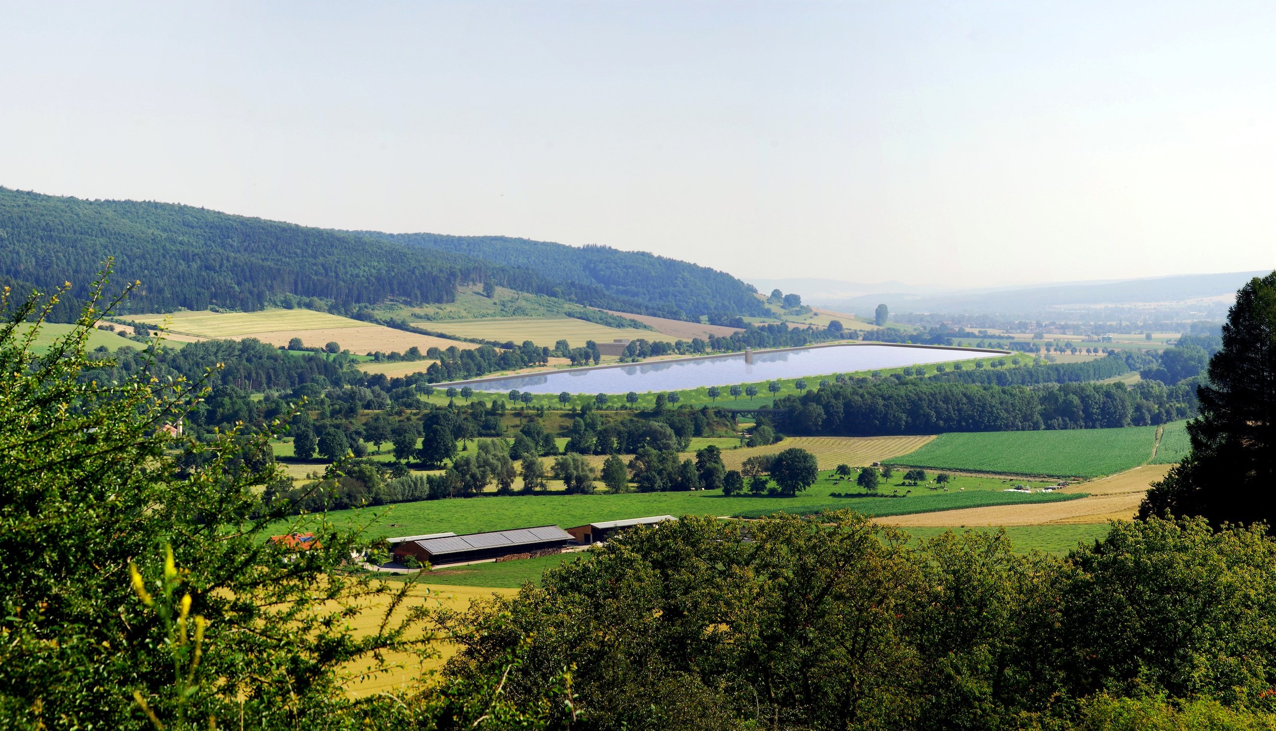 Simulation des Obersees für das Pumpspeicherkraftwerk Nethe in NRW: Ab Ende 2020 soll das 390-MW-Kraftwerk Nethe in der Nähe der westfälischen Stadt Höxter den ersten Strom liefern. 