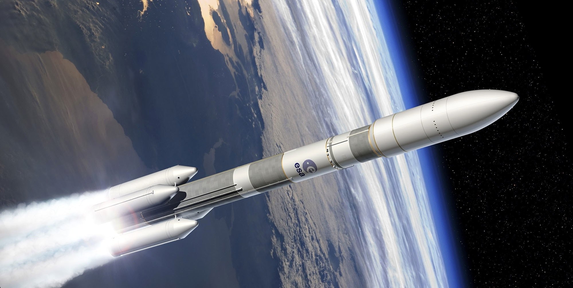 Modell einer Ariane 6 im Orbit: Airbus prüft Konzepte, die Raketenspitze dauerhaft in einer Erdumlaufbahn zu parken. Von dort aus soll diese dann Satelliten in die richtige Position bringen.