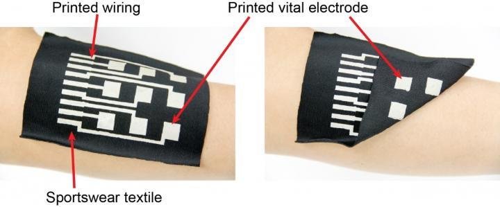 Intelligente Kleidung: Die neue Tinte eignet sich für den Einsatz in Sporttextilien. Durch den beidseitigen Aufdruck von Elektronik misst die Manschette die Muskelaktivität des Sportlers auf der Haut.  