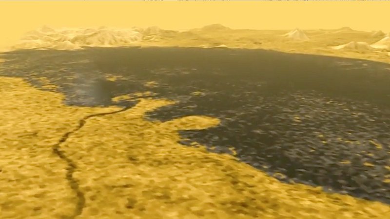 Kraken Mare: Mit fast 40 000 km2 Fläche ist er der größte der mittlerweile bekannten Seen auf dem Saturnmond Titan, die aus flüssigen Kohlenwasserstoffen bestehen. 