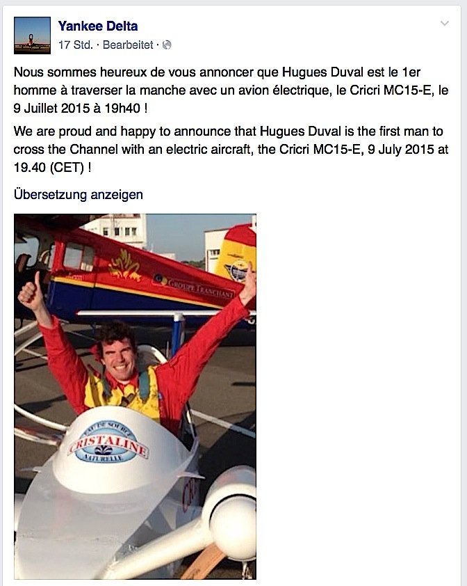 Der Fliegerclub Yankee Delta aus Frankreich meldet stolz auf Facebook, dass sein Mitglied Hugues Duval am Donnerstag den Ärmelkanal in einem Elektroflugzeug überquert hat.