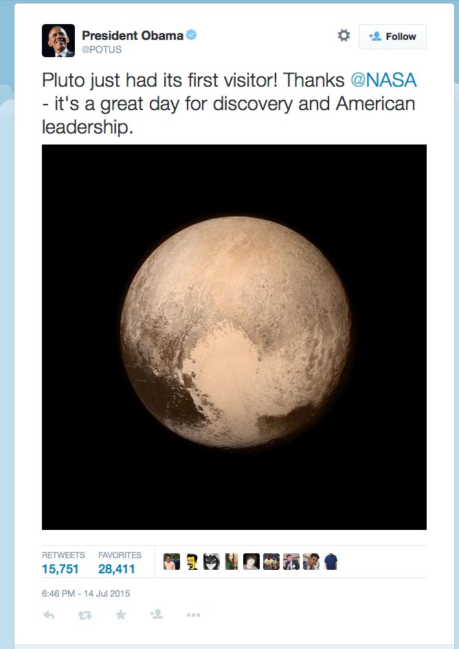 Gratulation von US-Präsident Barack Obama auf Twitter zur gelungenen Pluto-Mission New Horizons der Nasa.