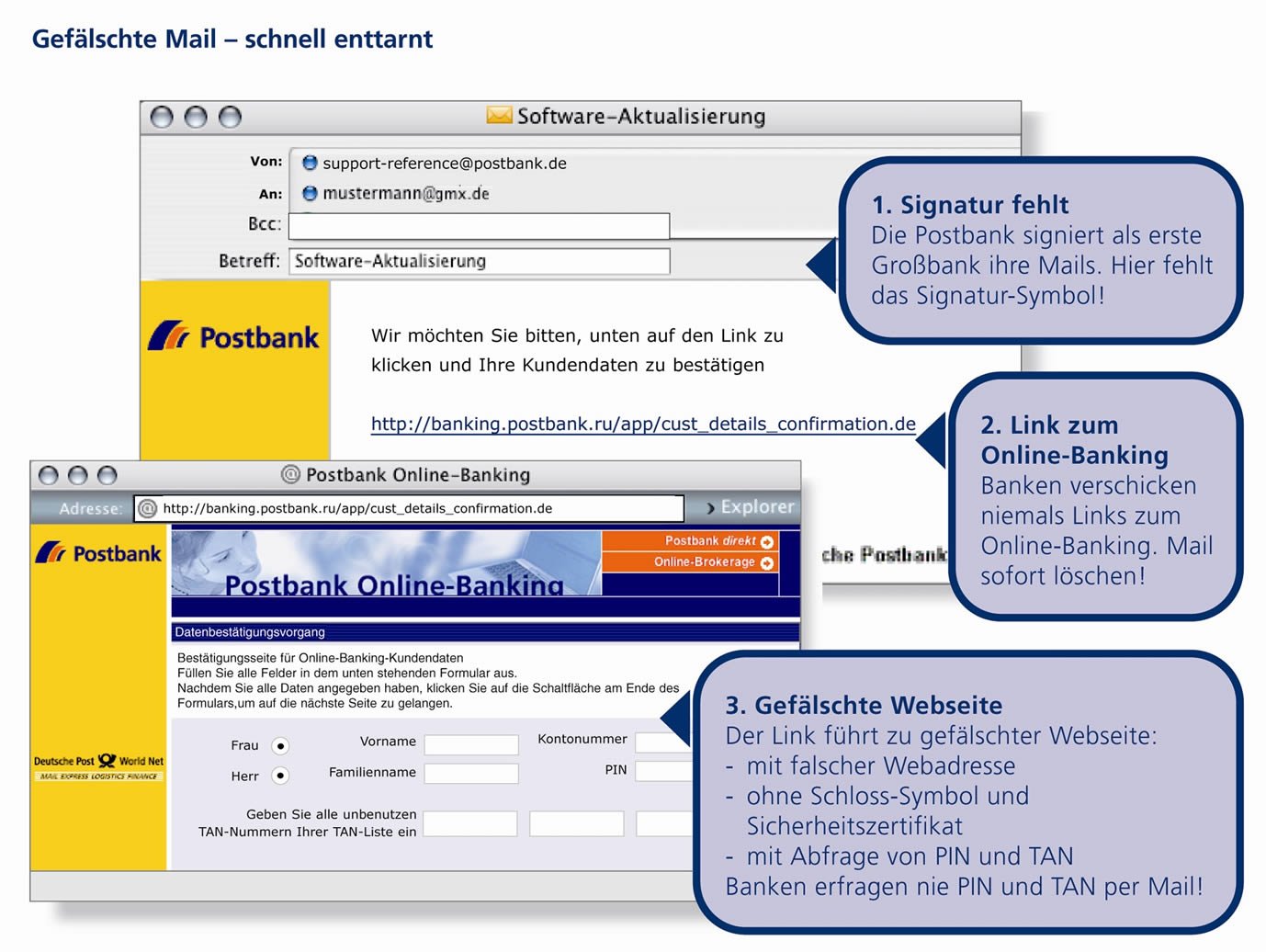 Gefälschte Mail der Postbank: Wer hier klickt, verrät Betrügern seine Bankdaten.