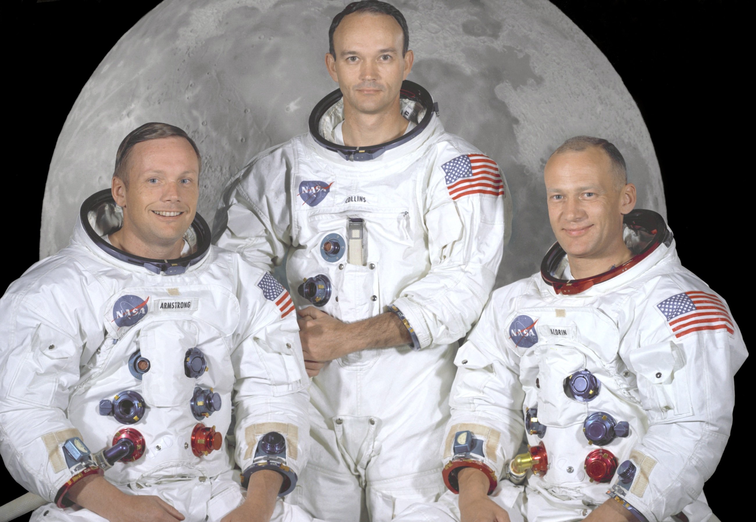 Die ersten Menschen auf dem Mond (v.l.): Kommandeur der Apollo 11, Neil A. Armstrong, Pilot Michael Collins, der während des Aufenthaltes auf dem Mond an Bord blieb, und Edwin Buzz Aldrin.