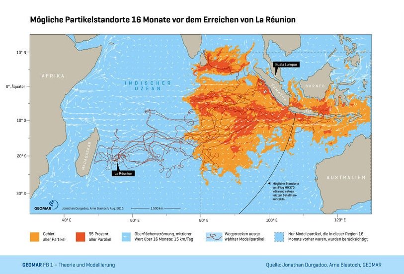 Mögliche Ursprungsorte der Modellpartikel, die aus dem östlichen Indischen Ozean stammen und nach 16 Monaten die Insel La Réunion erreichten, haben die Geomar-Forscher am Computer simuliert. Die Gebiete mit den höchsten Wahrscheinlichkeiten sind farblich hervorgehoben. 