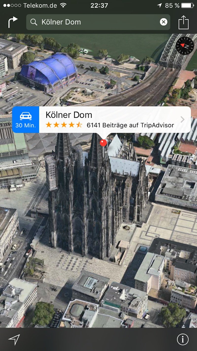 Kölner Dom: Das neue Flyover-Feature in der Karten-App zeigt ausgewählte Städte und Stätten aus der Vogelperspektive.