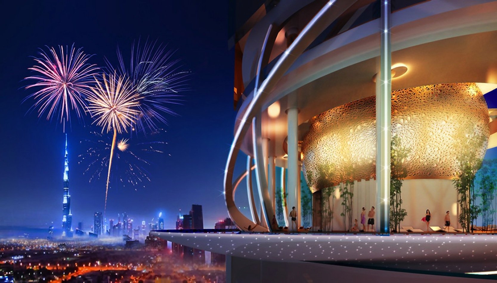 Wellness-Oase im Rosemont Tower mit atemberaubenden Blick über Dubai: Eine kanadisch-deutsche Architektengruppe will in Dubai zwei Hochhäuser bauen, in denen nicht nur ein Luxus-Hotel, sondern auch ein Stück Regenwald und ein Strand untergebracht sind.