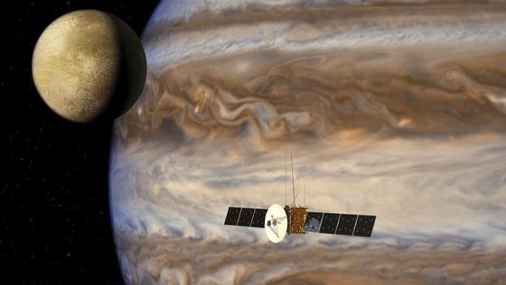 Künstlerische Darstellung von Jupiter, seinem Mond Ganymed sowie der Raumsonde Juice. Die Sonde der ESA soll 2022 starten und wird knapp acht Jahre brauchen, bis sie den größten Planeten unseres Sonnensystems erreichen wird. 