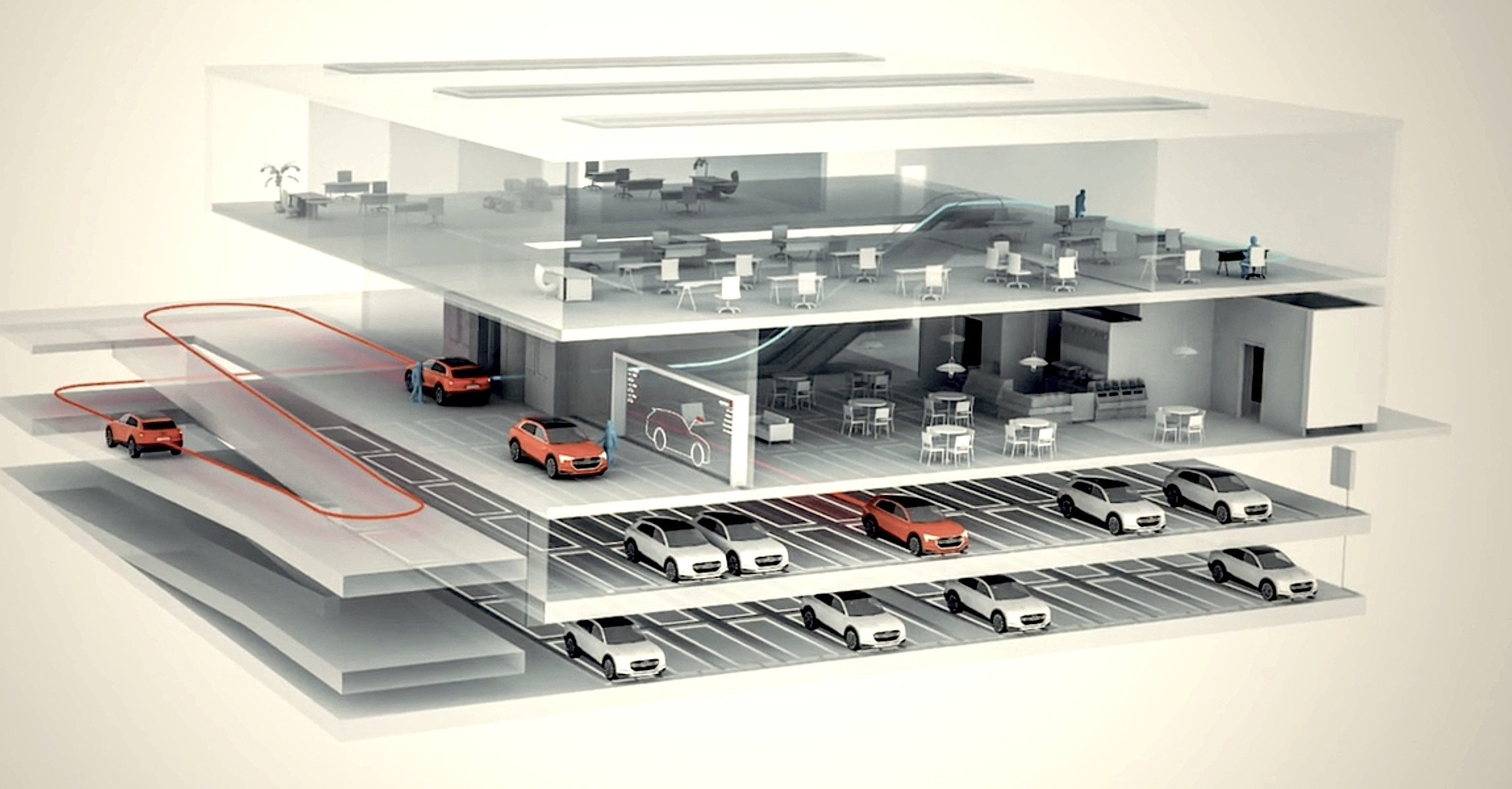 Arbeitsplatz und Auto unter einem Dach: Auch in Zukunft spielt das Auto in Audis Visionen eine zentrale Rolle. Dank pilotiertem Einparken soll der Platzbedarf so stark sinken, dass das Auto gleich neben dem Arbeitsplatz steht. 