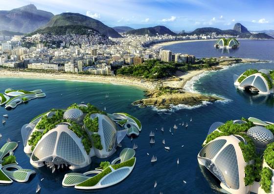 Künstliche Inseln vor der Küste Rio de Janeiros: Vor der brasilianischen Traumstadt will der belgische Architekt Vincent Callebaut Inseln aus Plastikmüll und Algen bauen, auf denen bis zu 20.000 Menschen leben können. Der Wohnraum reicht bis zu 1000 m tief ins Meer.