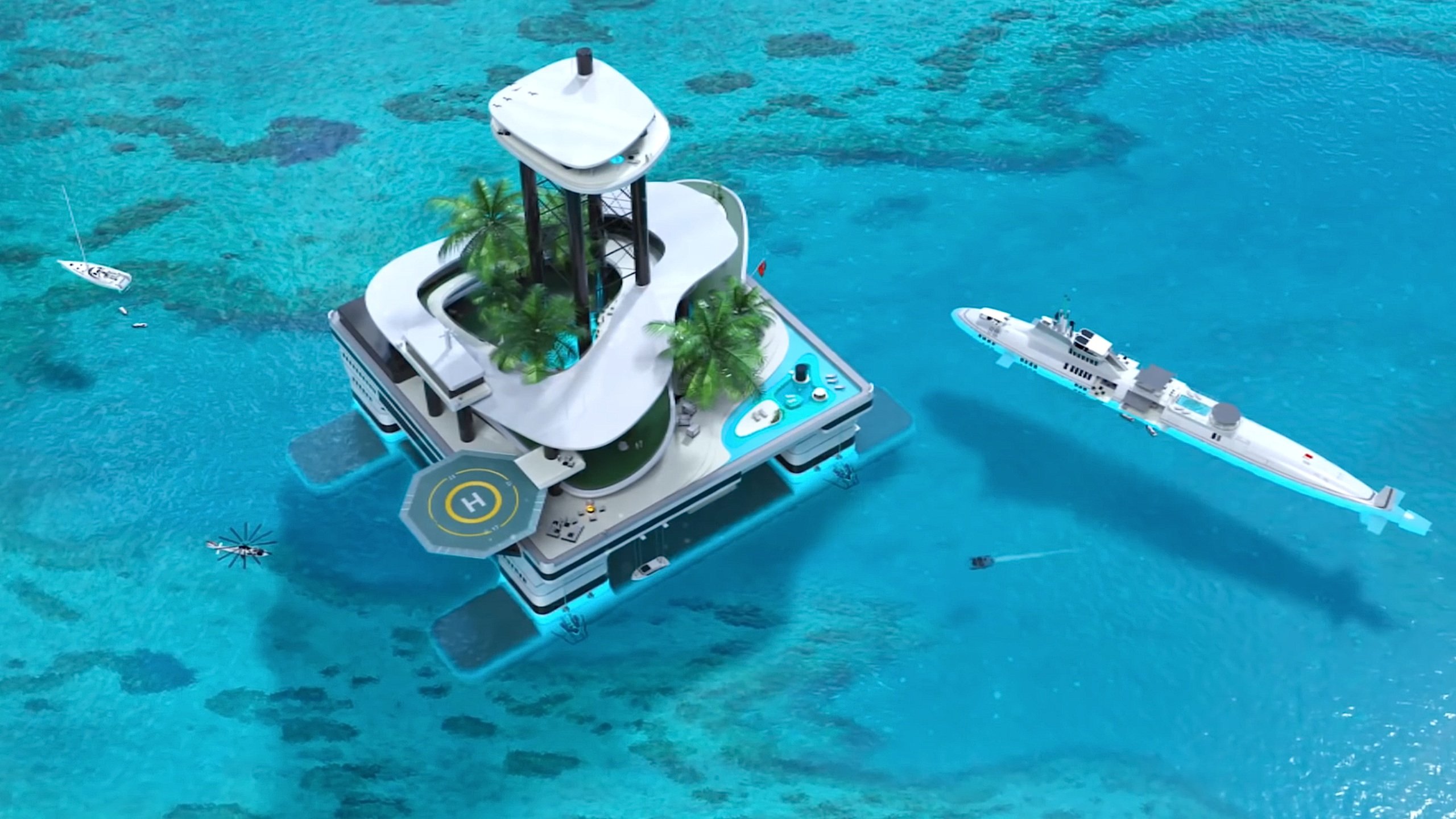 „Kokomo Ailand“ ist etwa für ganz reiche Menschen auf dieser Welt. Die Insel verfügt über ein Penthouse in 80 m Höhe, einen Palmengarten, Pools, Wellness-Bereiche und sogar ein Esszimmer unter Wasser mit Blick auf Haie und Wale – sofern sie in der Nähe sind. Rechts im Bild ein privates U-Boot mit Pool, ebenfalls vom österreichischen Hersteller Migaloo.
