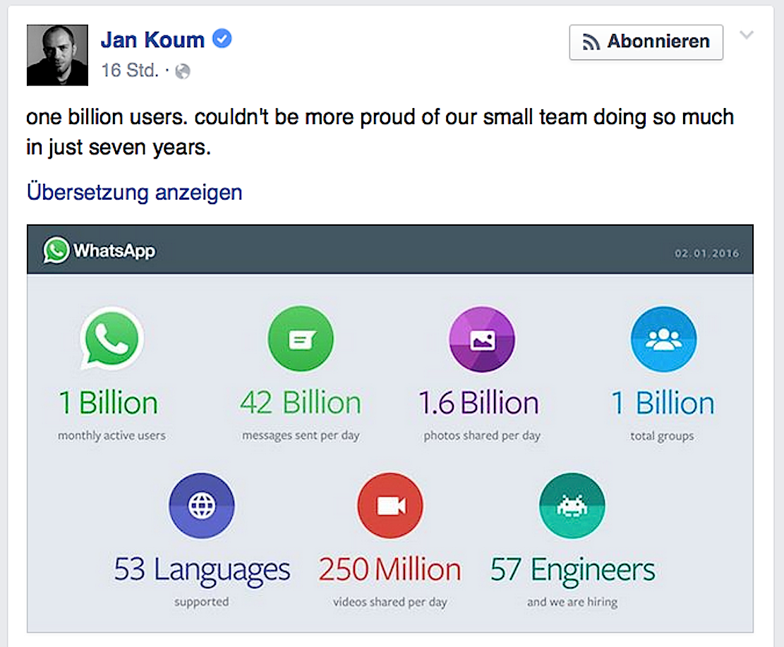 „Ich könnte stolzer nicht sein, mit unserem kleinen Team soviel in sieben Jahren erreicht zu haben“, schrieb WhatsApp-Gründer Jan Koum auf Facebook.