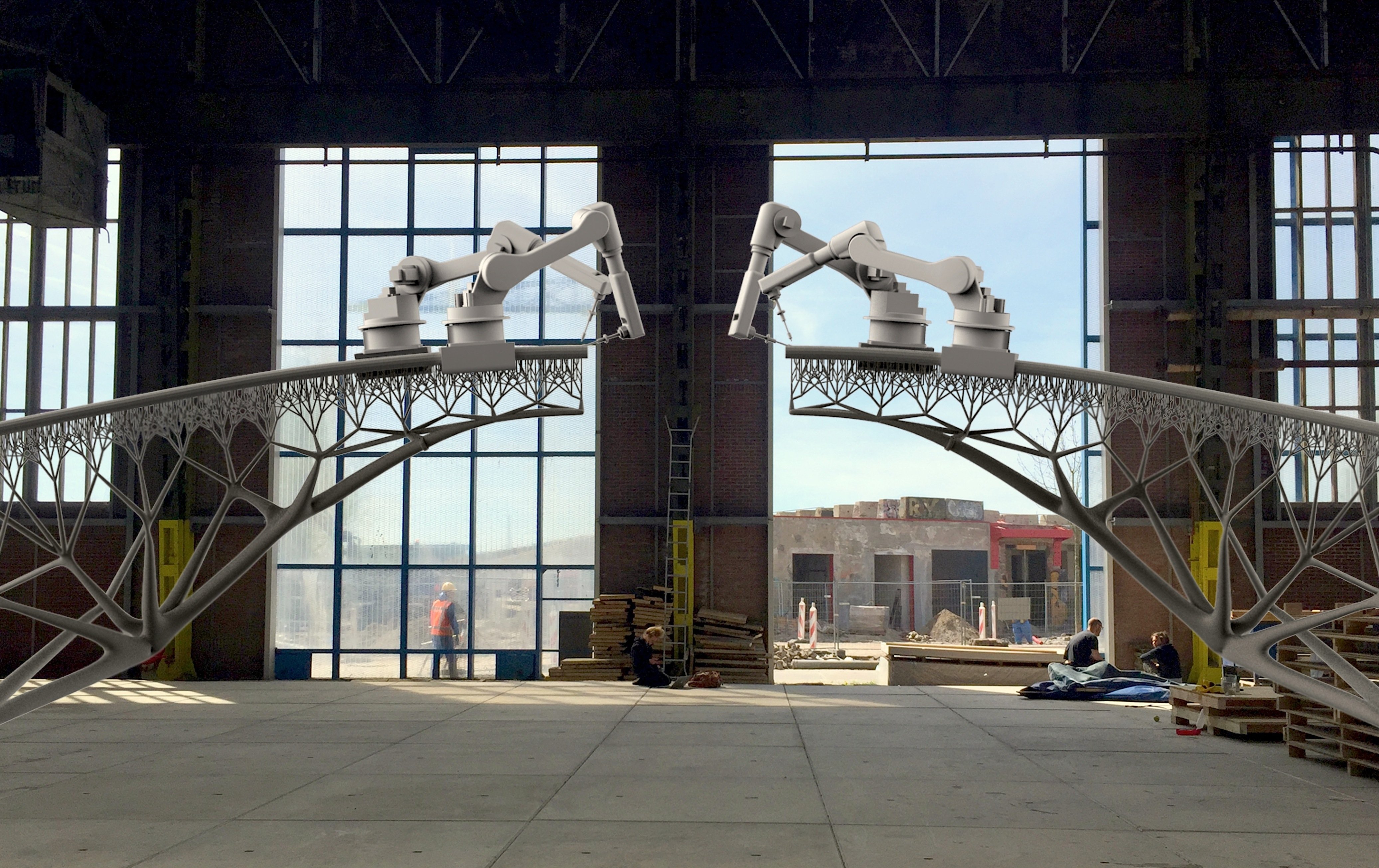 Simulation eines Brückenbaus per Roboter: Die Roboter fahren auf den von ihnen selbst gefertigten Stahlelementen. Der 1500 °C heiße Stahl wird praktisch in die Luft gespritzt und erstarrt.