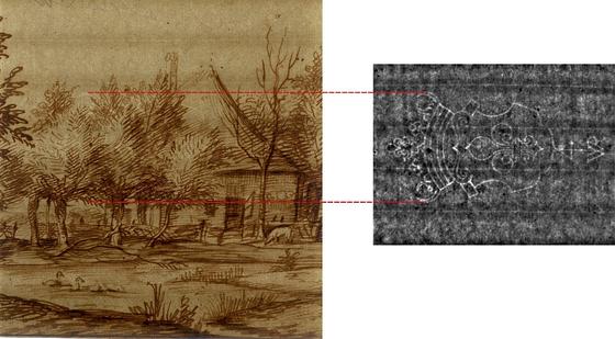 Das Foto links zeigt eine Handzeichnung von Jan Lievens aus der Rembrandt-Schule. In dieser Durchlichtaufnahme ist das bekrönte Lilienwappen als Wasserzeichen im Gegensatz zu der Thermographieaufnahme (re.) nicht zu erkennen.