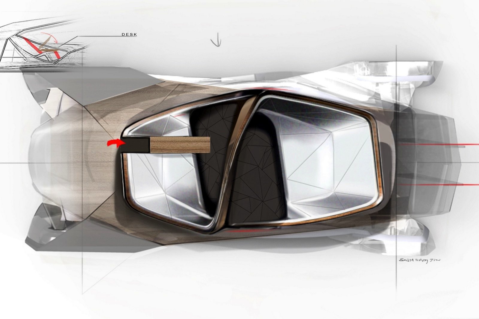 Das Elektroauto Shiwa mit Radnabenantrieb verfügt über vier kleine Elektromotoren in den Rädern. Da das Auto autonom fährt, hat es keine Fenster. Die Innenflächen dienen als Projektionsfläche, die Fahrgäste sitzen sich gegenüber.