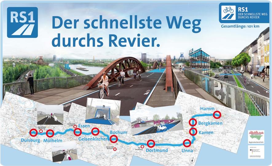 Der Radschnellweg Ruhr soll im Endausbau 101 km lang sein und einmal quer durch das Ruhrgebiet führen – kreuzungsfrei auf eigener Trasse. Wie eine Autobahn.