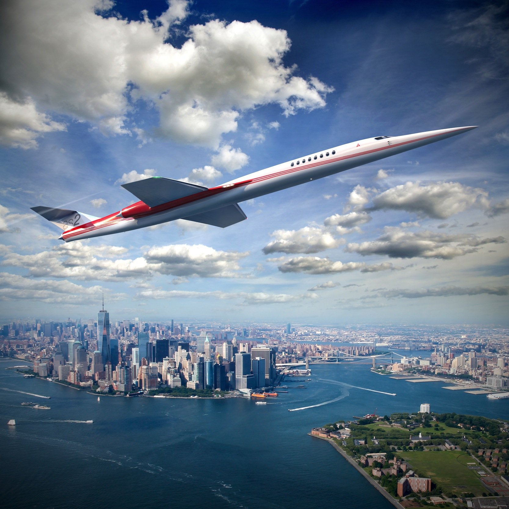 Überschallflugzeug von Aerion und Airbus vor der Skyline von New York: 2021 soll das Flugzeug schon seine Serienzulassung bekommen.