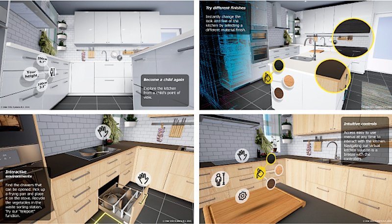 Beim virtuellen Rundgang können in den Küchen Türen und Schubladen geöffnet, verschiedene Oberflächenmaterialien ausprobiert und deren Farben verändert werden. Angewendet wird die App mit dem Headset Vive von HTC.