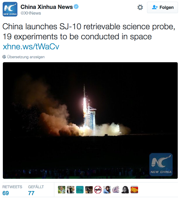 So meldete die chinesische Nachrichtenagentur Xinhua auf Twitter den Start des chinesischen Satelliten SJ-10 auf dem chinesischen Weltraumbahnhof in Jiuquan in der Wüste Gobi.  