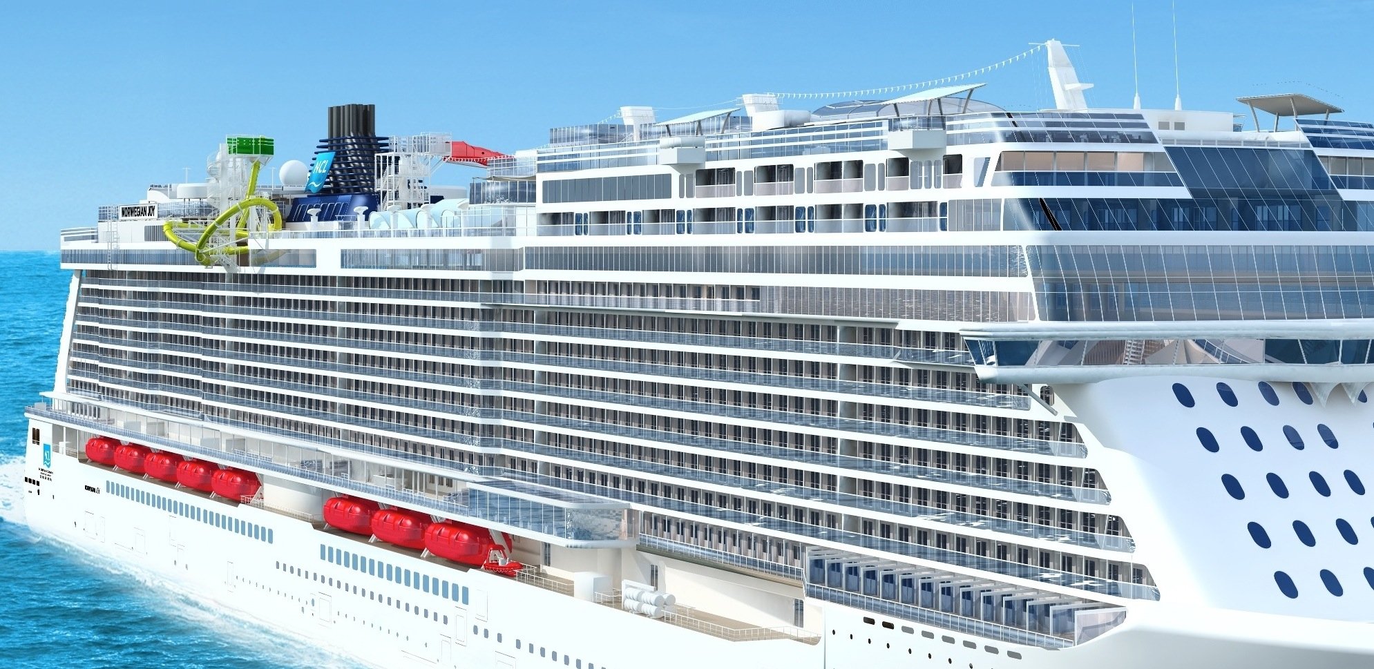 An Deck der Norwegian Joy wird es nicht nur die weltweit erste Gokart-Bahn auf einem Schiff geben, sondern auch einen Park und natürlich eine Wasserlandschaft.