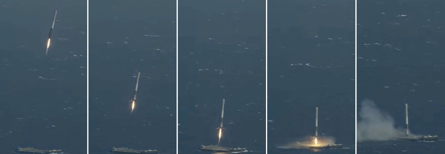 Screenshots aus einem Video der US-Raumfahrtfirma SpaceX zeigen die Landung der untersten Raketenstufe einer Falcon9-Rakete auf der unbemannten schwimmenden Plattform 