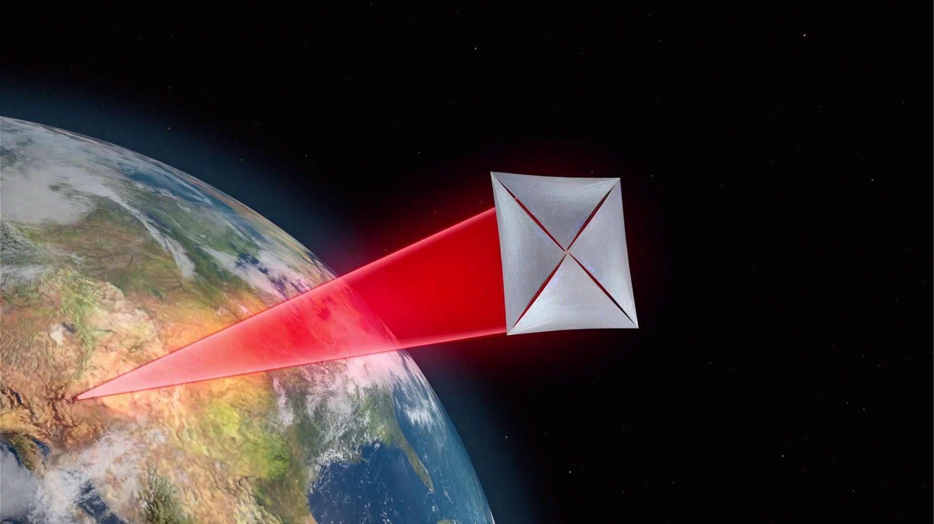 Antrieb der Raumsonden: Laserstrahlen zielen von der Erde aus auf ein Sonnensegel. Die Sonden sollen auf 20 % der Lichtgeschwindigkeit beschleunigen.