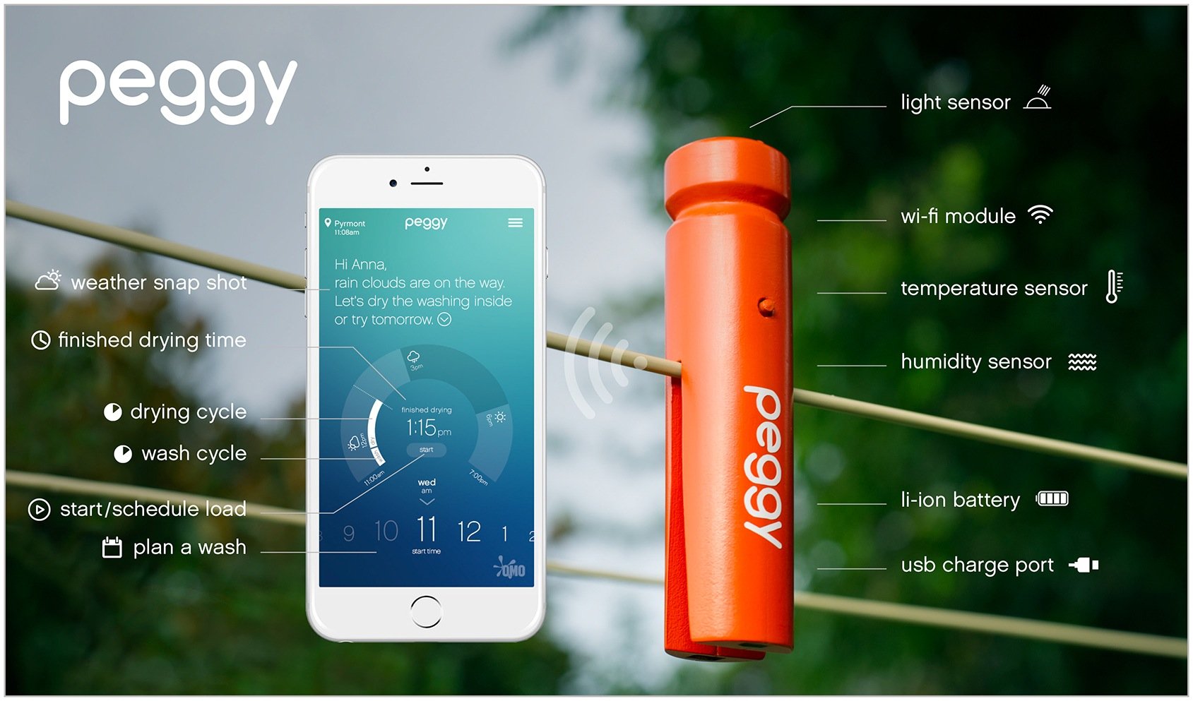 Mit der smarten Wäscheklammer Peggy und der zugehörigen App will Omo in Australien das Wäschetrocknen an der frischen Luft erleichtern.