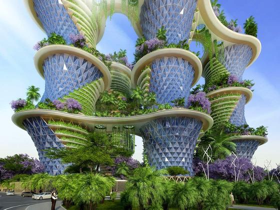 Wie gestapelte Dörfer sollen die sechs Hyperion-Türme in Indien aussehen. Die Hochhäuser sind durchgrünt, auf den Dächern soll Obst und Gemüse angebaut werden. Foto: Vincent Callebaut Architectures