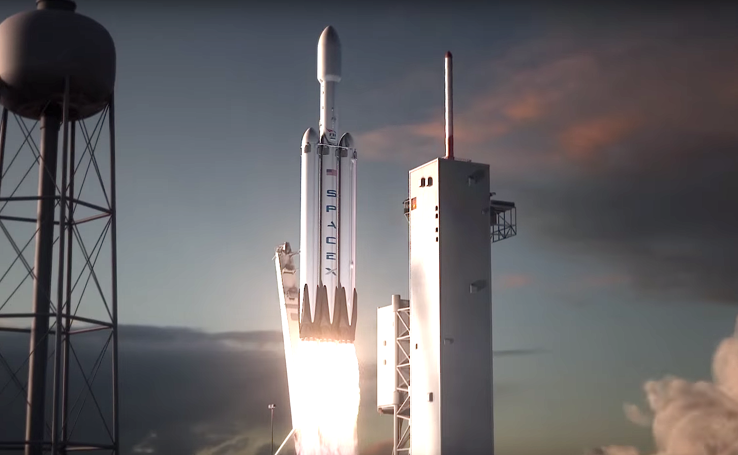 Illustration der Falcon Heavy. An den Seiten der Trägerrakete sind zwei zusätzliche Falcon-9-Erststufen angebracht. Mit 27 Merlin-Triebwerken soll die Falcon Heavy die leistungsstärkste Rakete der Welt sein. 