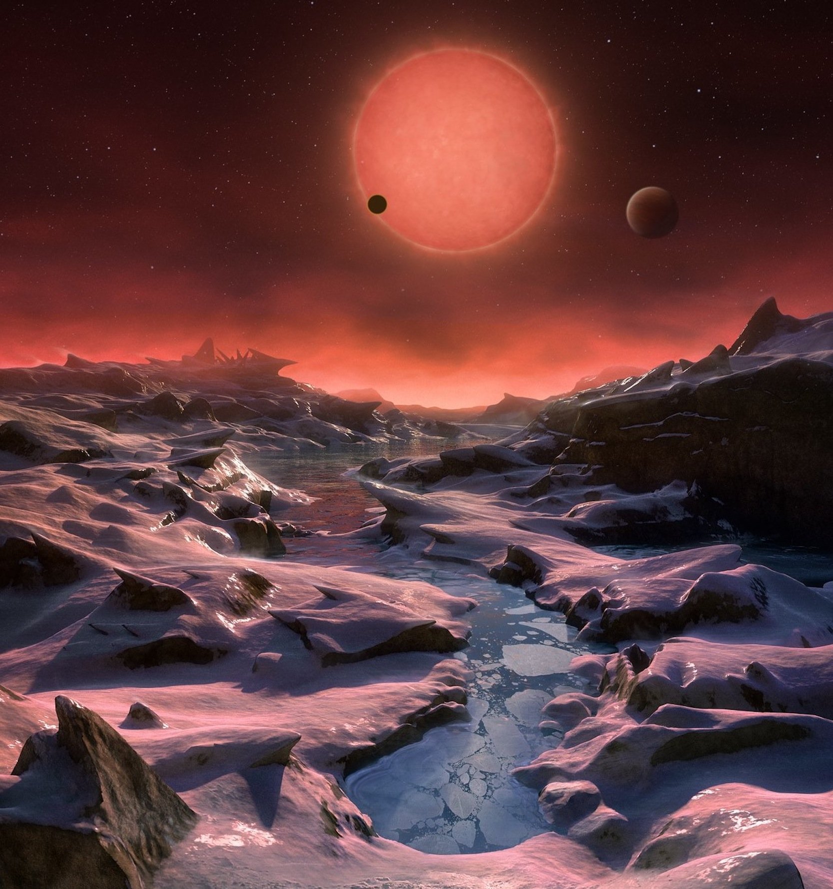 Künstlerische Darstellung der Oberfläche eines der erdähnlichen Planeten im Sternbild Wassermann, die den sehr kühlen Zwergsterns Trappist-1 (im Hintergrund) umkreisen.