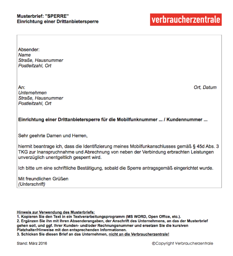 Die Verbraucherzentrale hat einen Musterbrief erstellt, mit dem Smartphone-Nutzer ihren Provider bitten können, eine Drittanbietersperre für ihn einzurichten.  