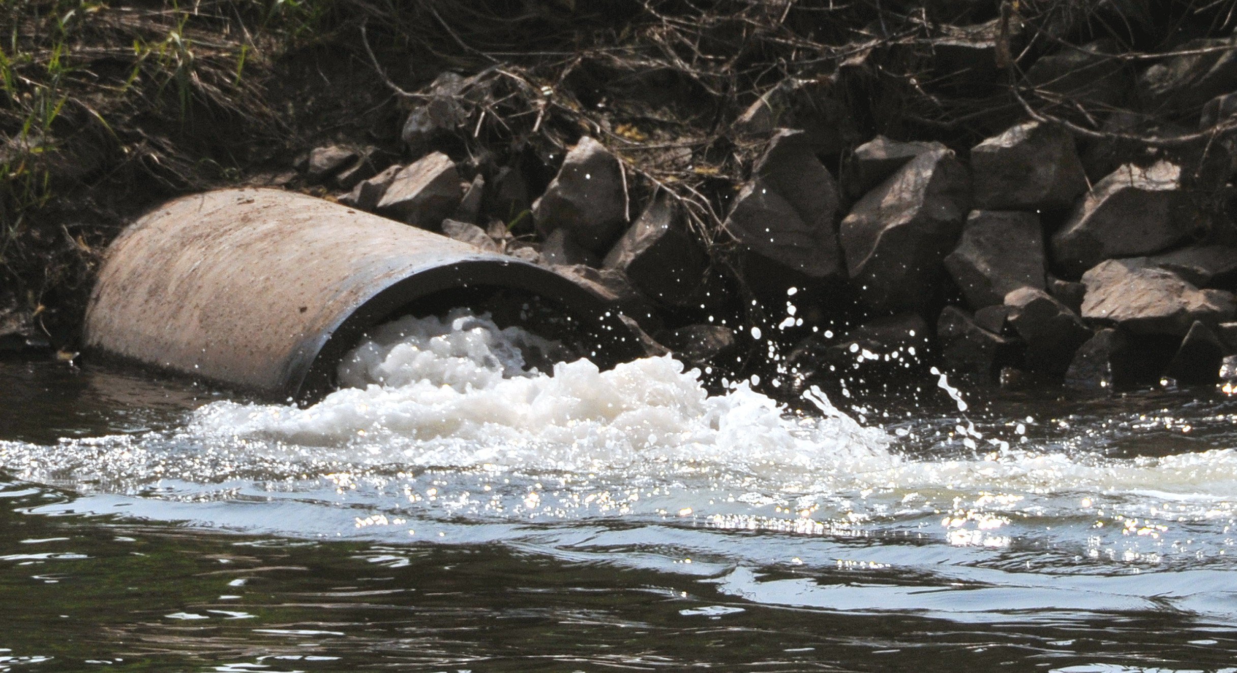 Abwasser fließt in einen Fluß: Fraunhofer-Forscher haben eine marktreife Anlage entwickelt, mit der sie Dünger aus Abwasser gewinnen, ohne dass Chemikalien zugegeben werden müssen. 