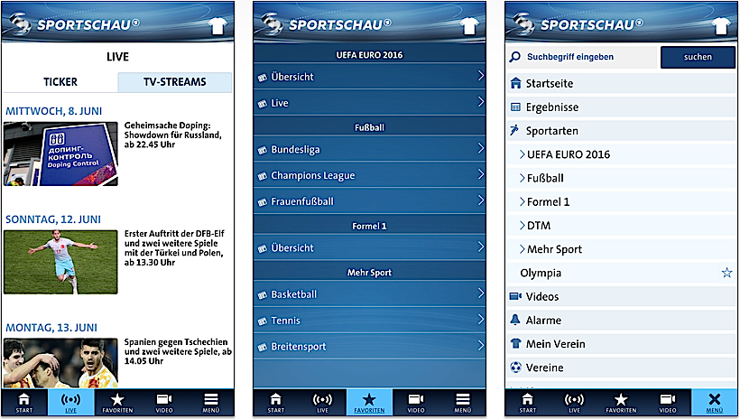 Die großen TV-Sender bieten natürlich auch Live-Berichterstattung und Live-Streams an. Im Bild die Sportschau-App.