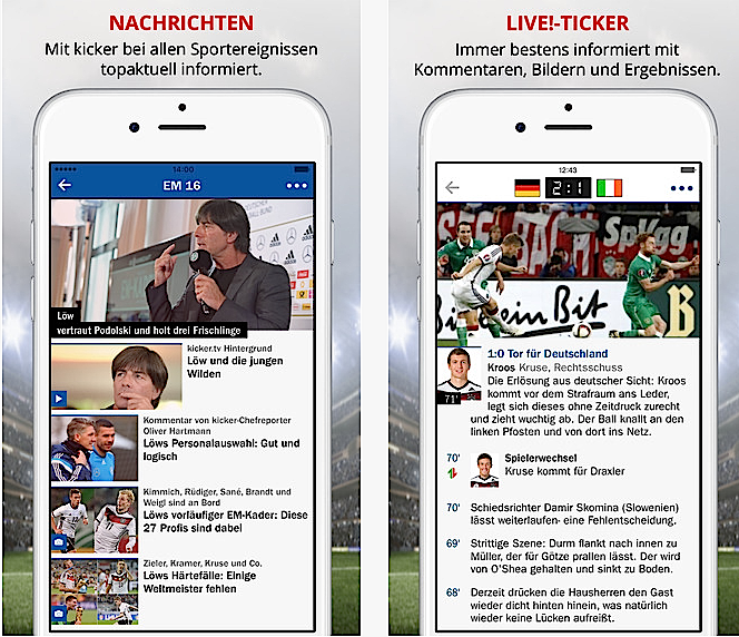 Kicker hat gleich eine ganze Reihe Apps zur EM im Programm, auch ein Tippspiel, bei dem man in Gruppen die Spiele der EM tippen kann.